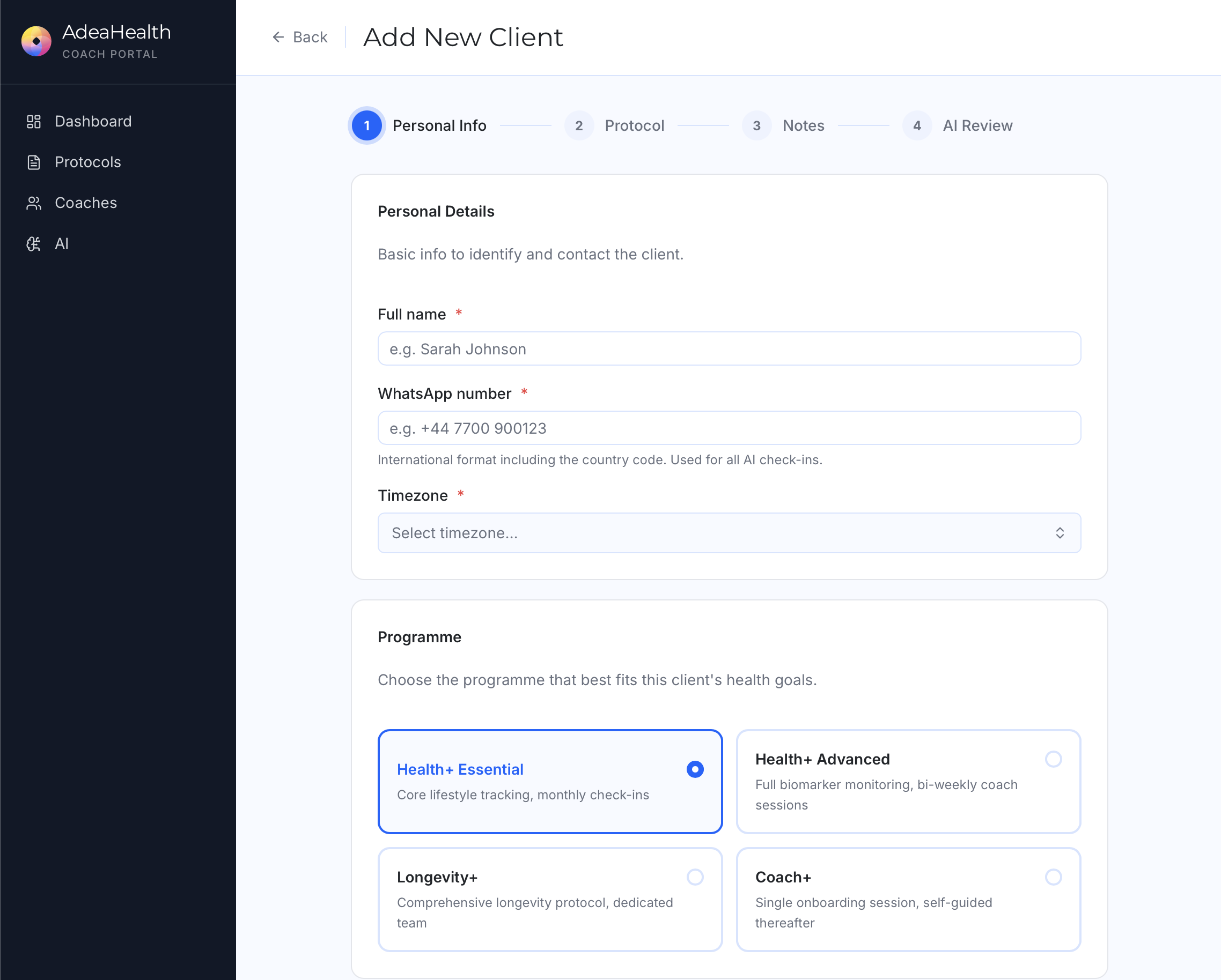 AdeaHealth coach portal — add new client